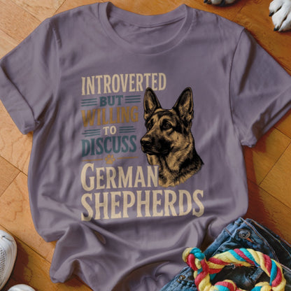T-shirt with German Shepherd art and text "Introverted but willing to discuss German Shepherds".