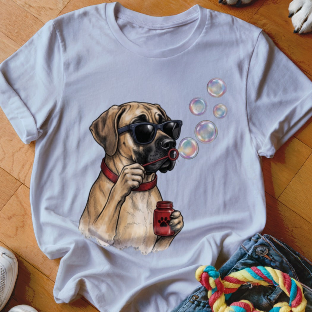 White t-shirt featuring an illustration of a dog wearing sunglasses and blowing soap bubbles.