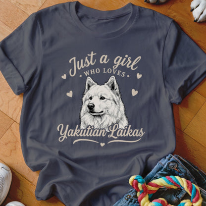 Charcoal t-shirt featuring a white illustration of a Yakutian Laika surrounded by hearts and text.