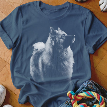 T-shirt with a white graphic of a fluffy dog looking to the side.