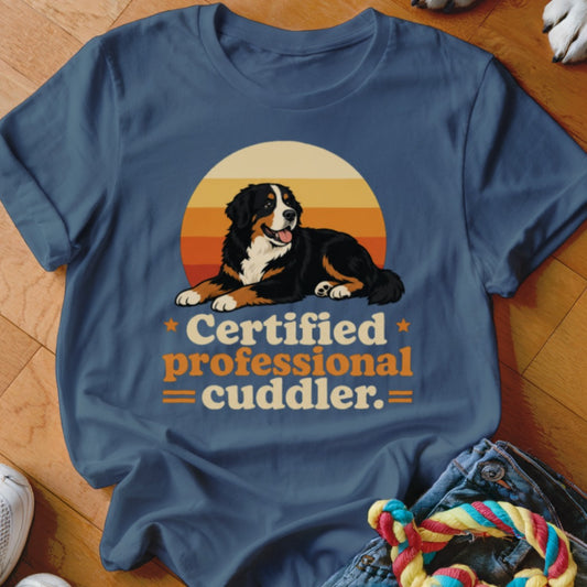 Bernese Mountain Dog on retro sunset with text "Certified professional cuddler."