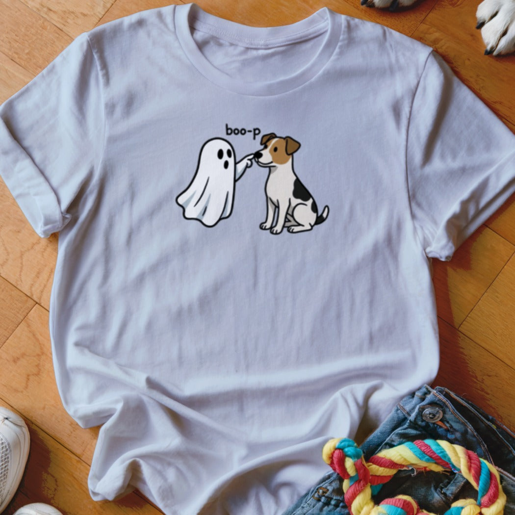 White t-shirt with cartoon ghost booping a dog, text reads "boo-p".