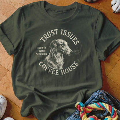 Olive green t-shirt with "Trust Issues Coffee House" circular logo featuring a dog.