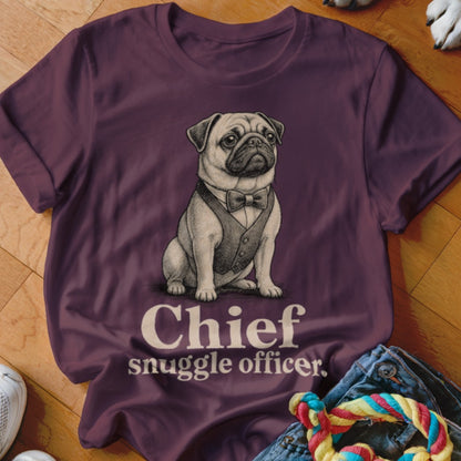 Pug wearing a vest and bowtie with text "Chief snuggle officer."