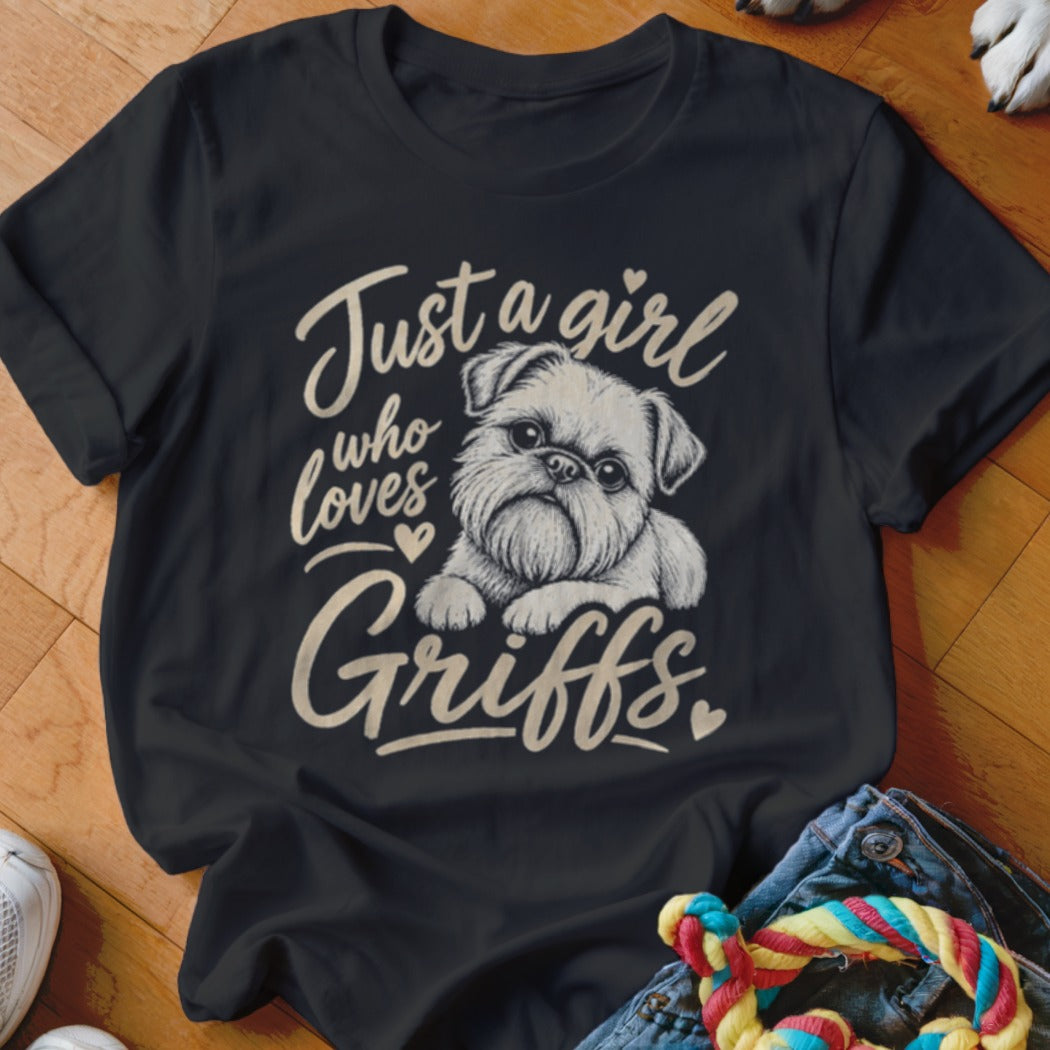 Black t-shirt with cream text and illustration of a Brussels Griffon dog.