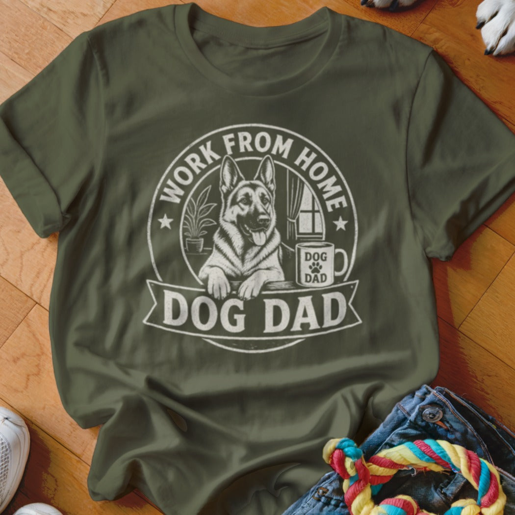 German Shepherd graphic on olive green t-shirt reads "Work from Home Dog Dad".