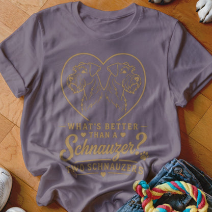 Grey t-shirt with two Schnauzers in a heart, saying "What's Better Than a Schnauzer? Two Schnauzers."
