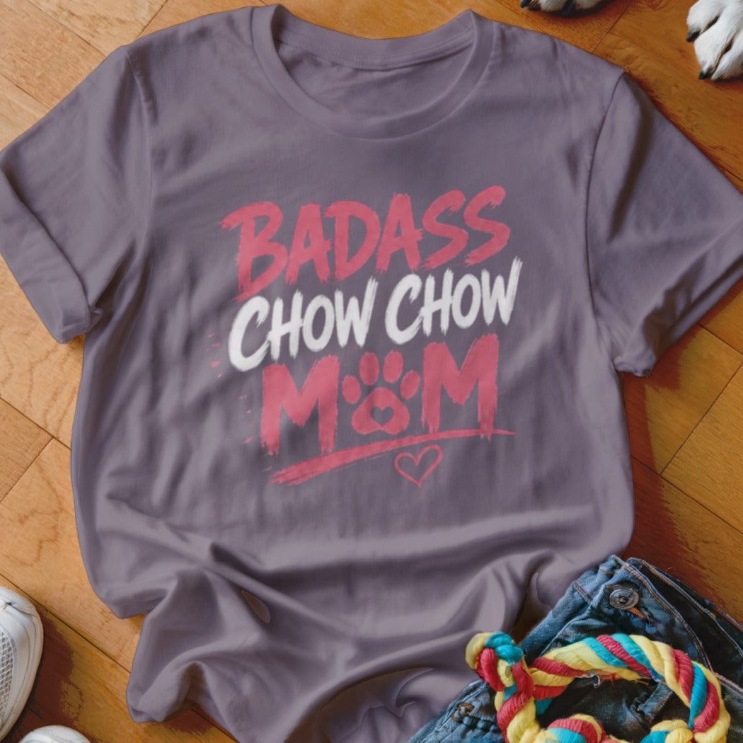 Purple t-shirt with "Badass Chow Chow Mom" text and paw print.