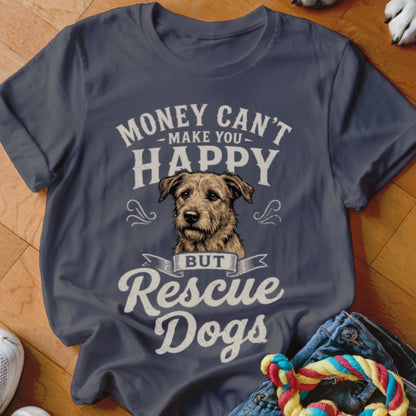 Dark blue t-shirt with "Money Can't Make You Happy But Rescue Dogs" and dog graphic.