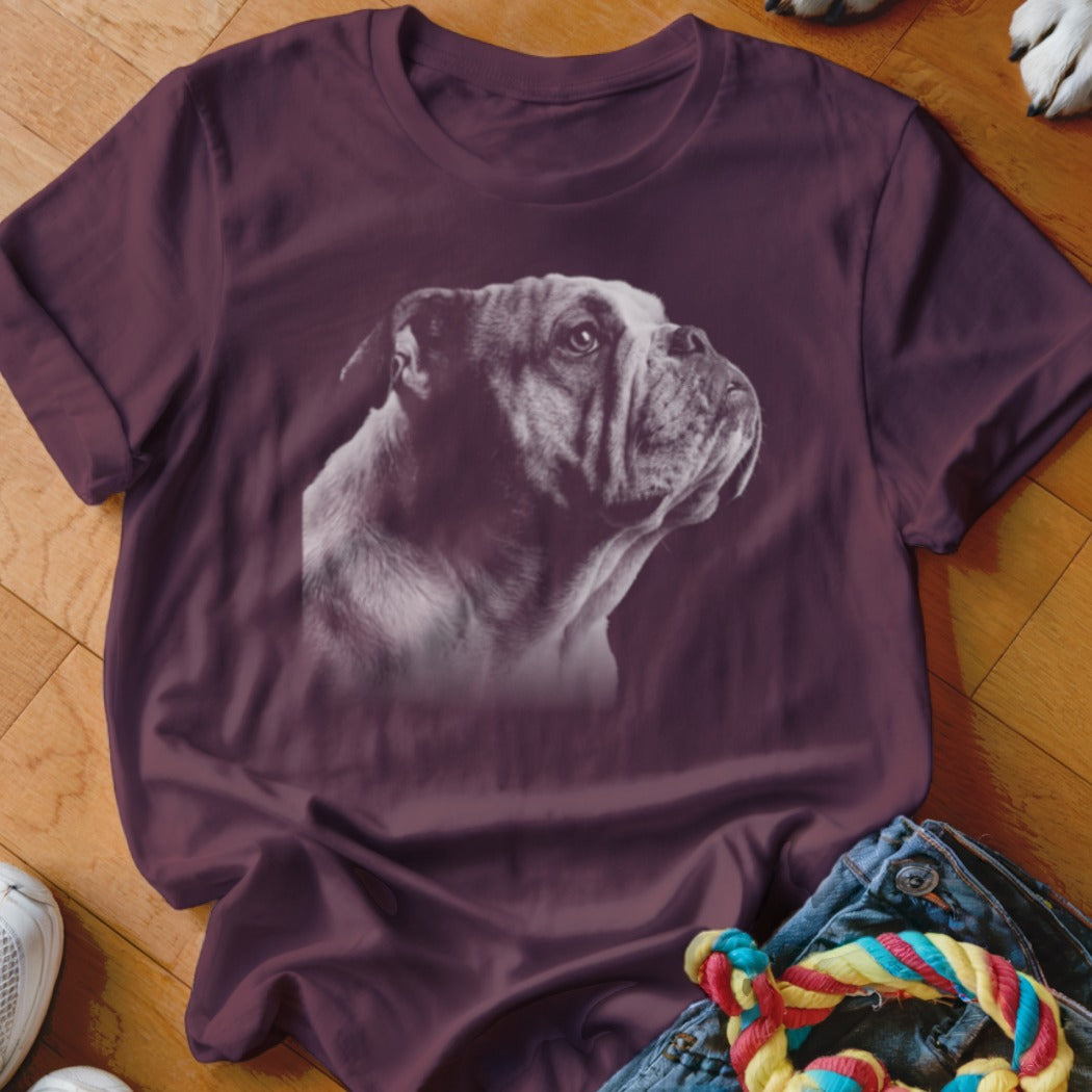 Burgundy t-shirt featuring a black and white portrait of a bulldog's head.