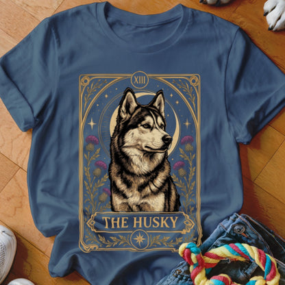 A blue crewneck t-shirt featuring a tarot card graphic of a husky dog.