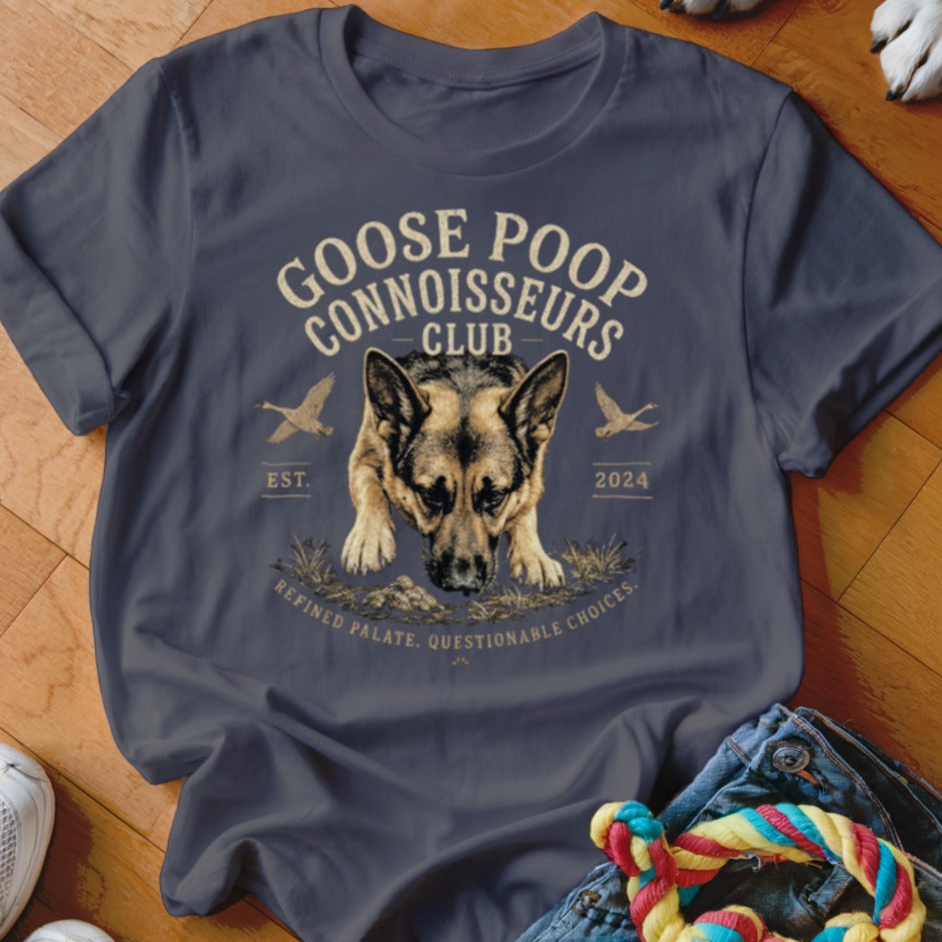 Goose Poop Connoisseurs Club t-shirt with German Shepherd graphic.