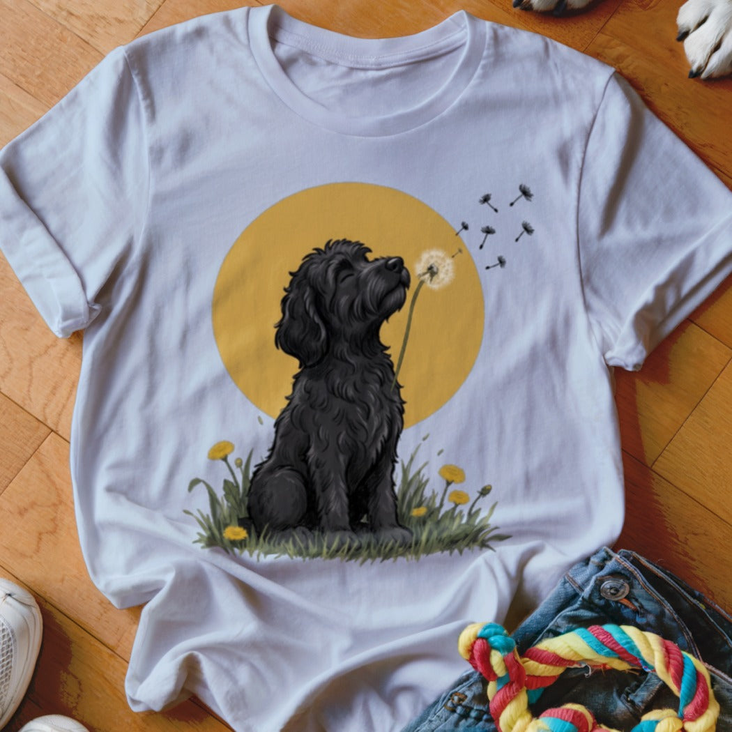 A white t-shirt featuring an illustration of a black dog blowing a dandelion against a yellow circle.