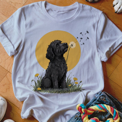 A white t-shirt featuring an illustration of a black dog blowing a dandelion against a yellow circle.