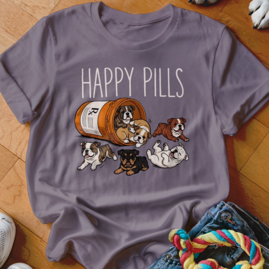 Cute bulldog puppies spilling from a prescription bottle with "HAPPY PILLS" text.