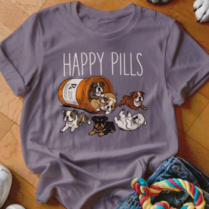 Cute bulldog puppies spilling from a prescription bottle with "HAPPY PILLS" text.