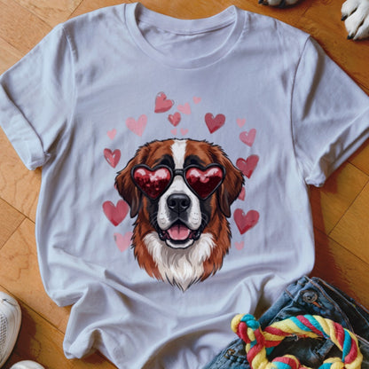 White t-shirt featuring an illustration of a Saint Bernard dog wearing heart-shaped sunglasses surrounded by pink hearts.