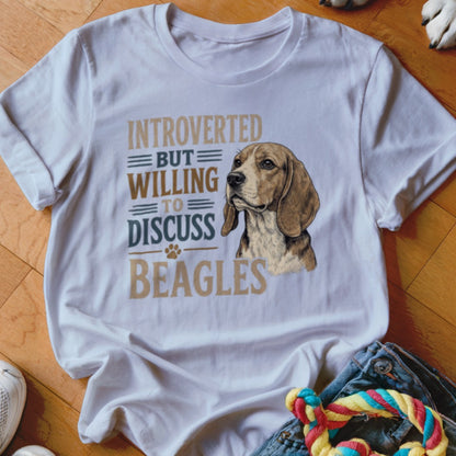 White t-shirt with "Introverted But Willing to Discuss Beagles" text and beagle dog.