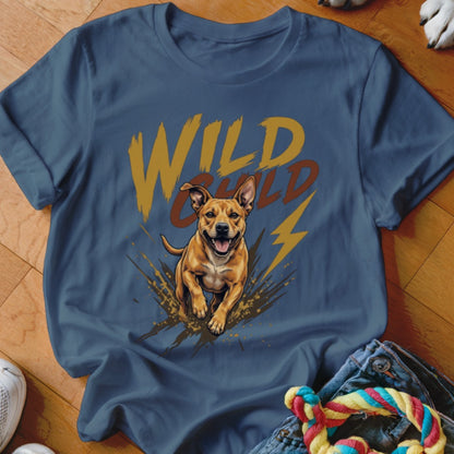 Blue t-shirt featuring a graphic of a running brown dog, mud splashes, and the text Wild Child.