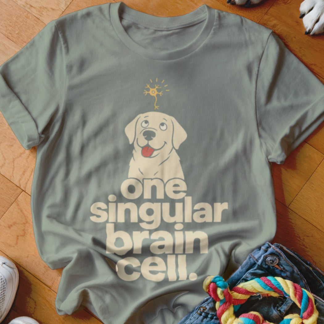 Light gray t-shirt with a cartoon dog and "one singular brain cell" text.
