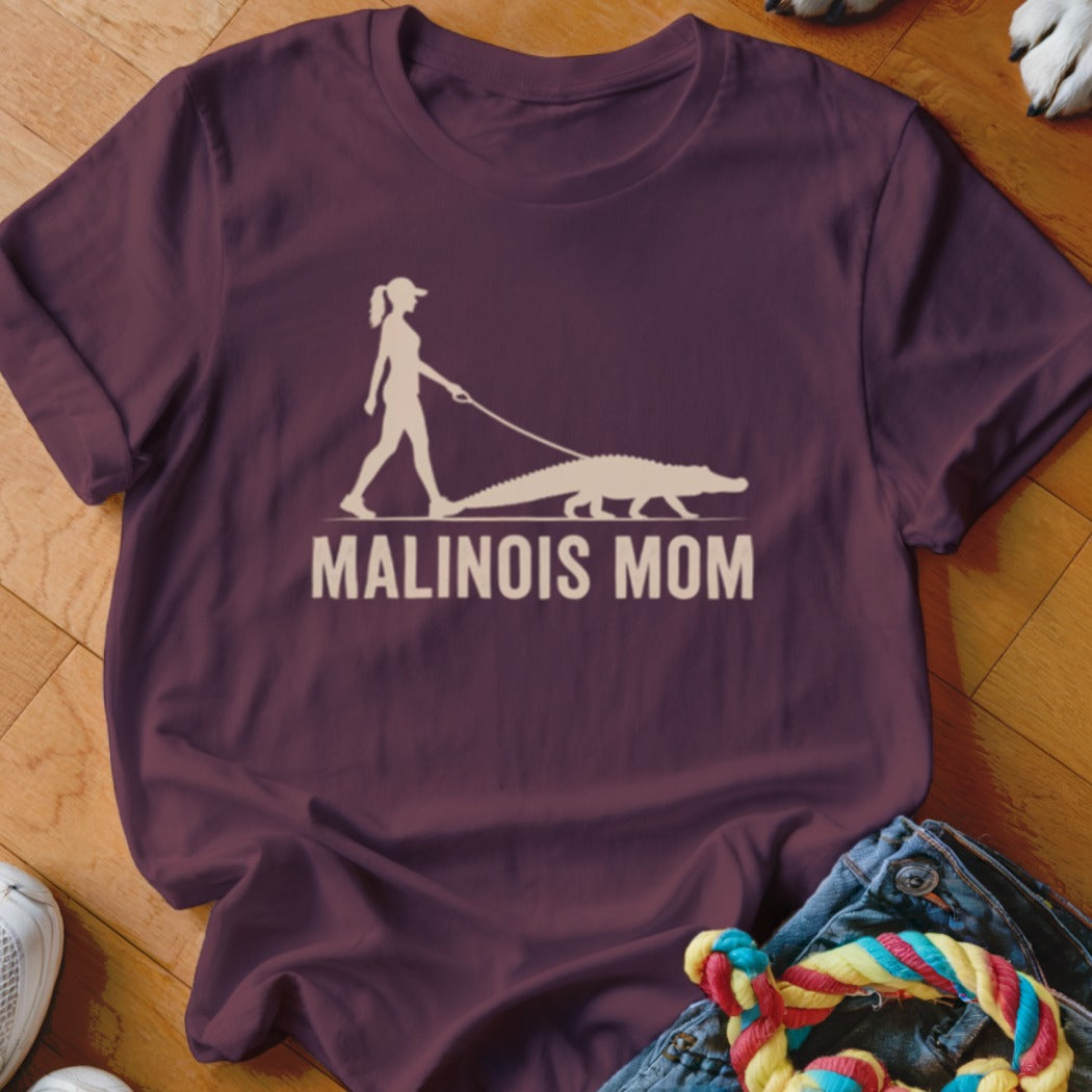 Malinois Mom t-shirt with silhouette of woman walking a crocodile.