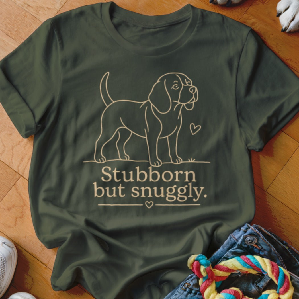 Green t-shirt with beagle outline and text "Stubborn but snuggly."