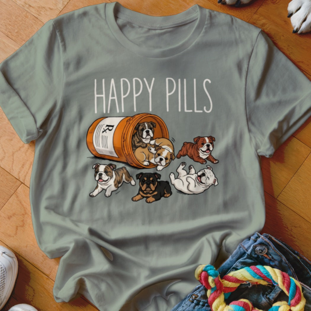 Bulldog puppies spilling from a pill bottle with "HAPPY PILLS" text.