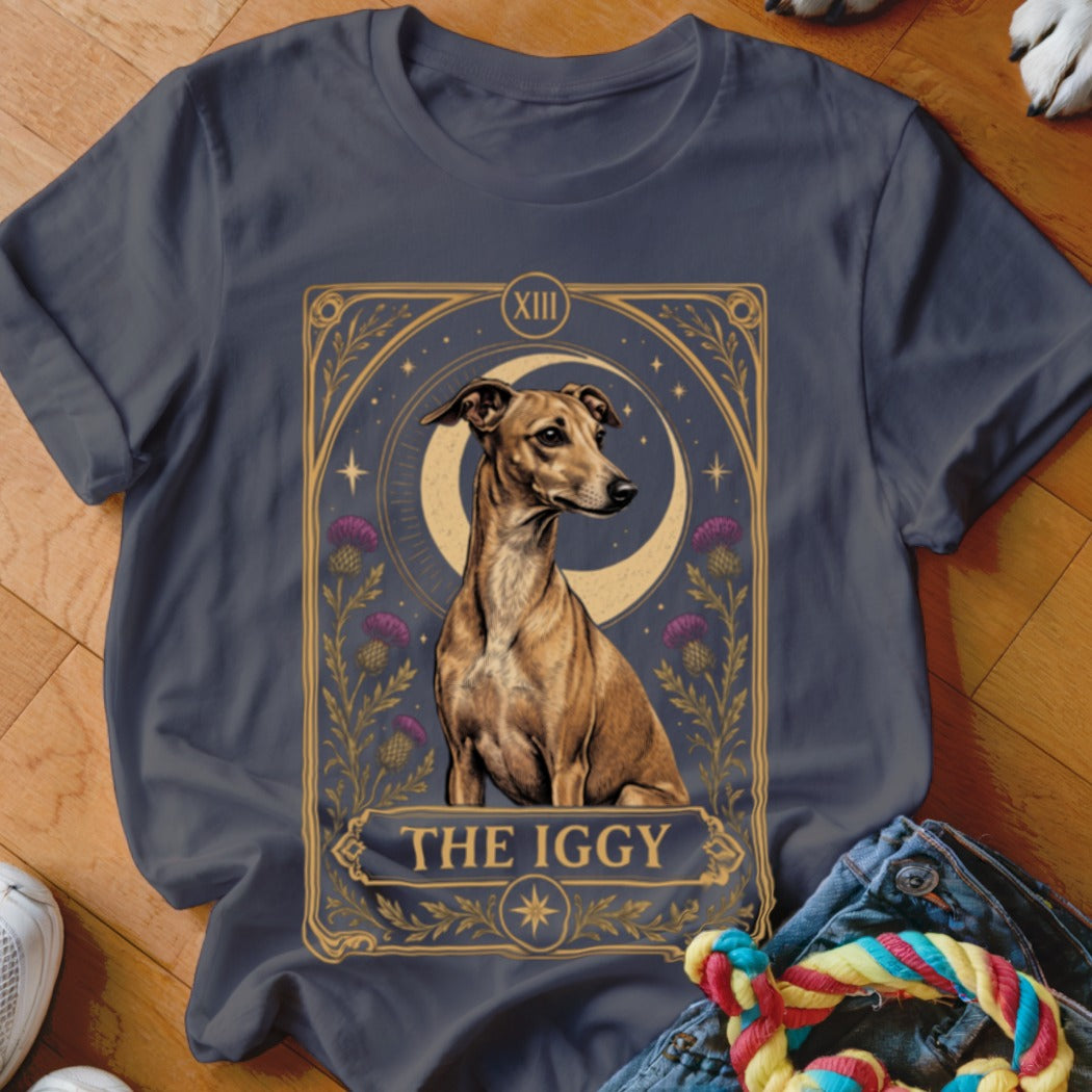 Dark gray t-shirt featuring a tarot card graphic of an Italian Greyhound with the text "The Iggy".