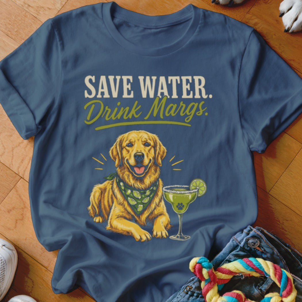 A dark blue crewneck t-shirt featuring a graphic of a golden retriever wearing a lime-patterned bandana next to a margarita.