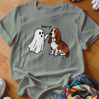 Cartoon ghost "boop-ing" a sad-faced basset hound, text reads "boo-p".