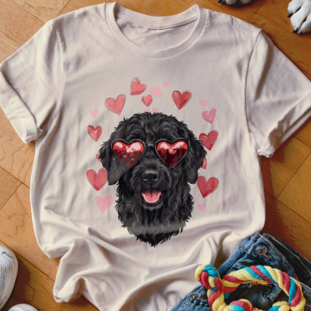 Light beige t-shirt featuring a graphic of a black poodle wearing heart-shaped sunglasses surrounded by pink hearts.