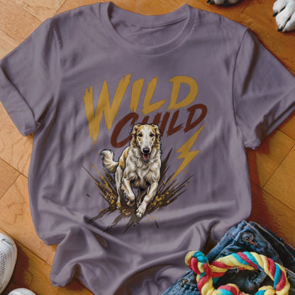 A purple t-shirt featuring a graphic of a running dog with the text WILD CHILD.