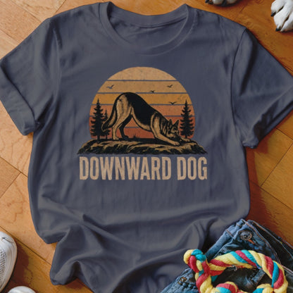 Sunset graphic of a German Shepherd in downward dog pose on a t-shirt.