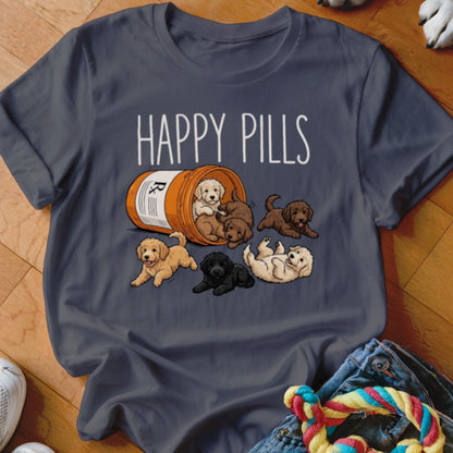 T-shirt with "Happy Pills" text and playful puppies spilling from a pill bottle.
