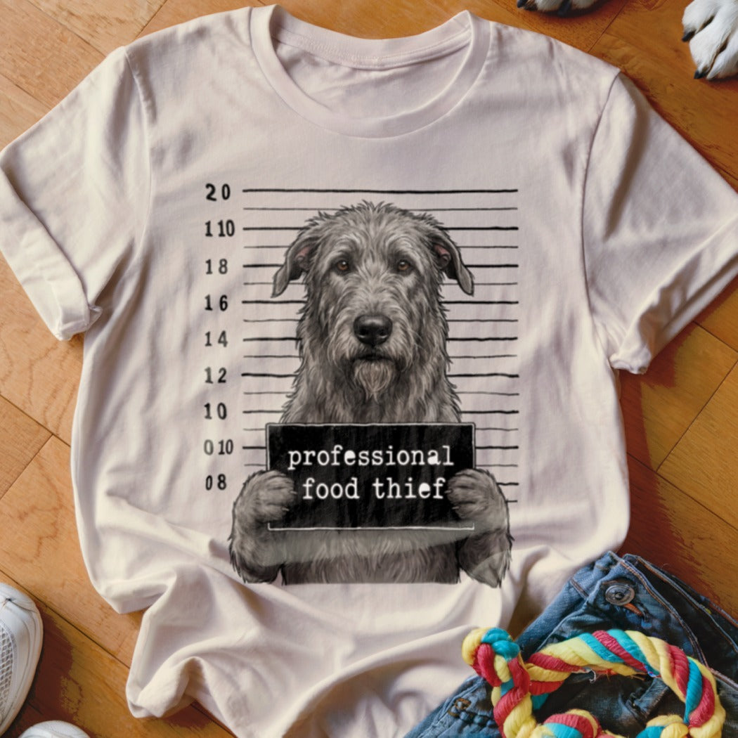 Irish wolfhound mugshot graphic shirt with text "professional food thief."