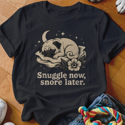 Black t-shirt with a sleeping pug on a pillow, a crescent moon, and text.