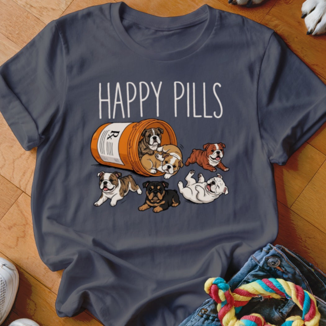 Dark blue t-shirt with "HAPPY PILLS" text above a prescription bottle filled with Bulldogs.