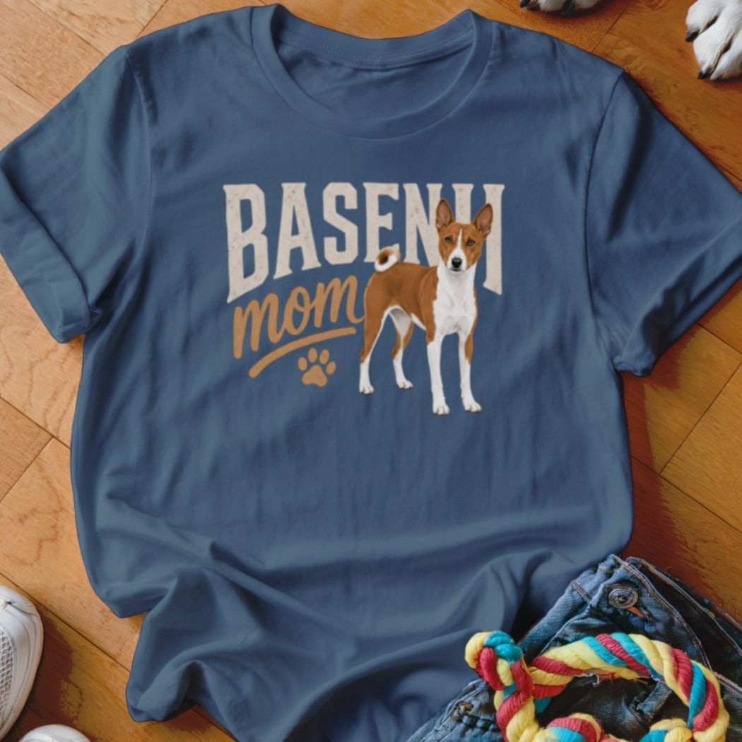 Basenji mom graphic with dog and paw print on a navy blue t-shirt.