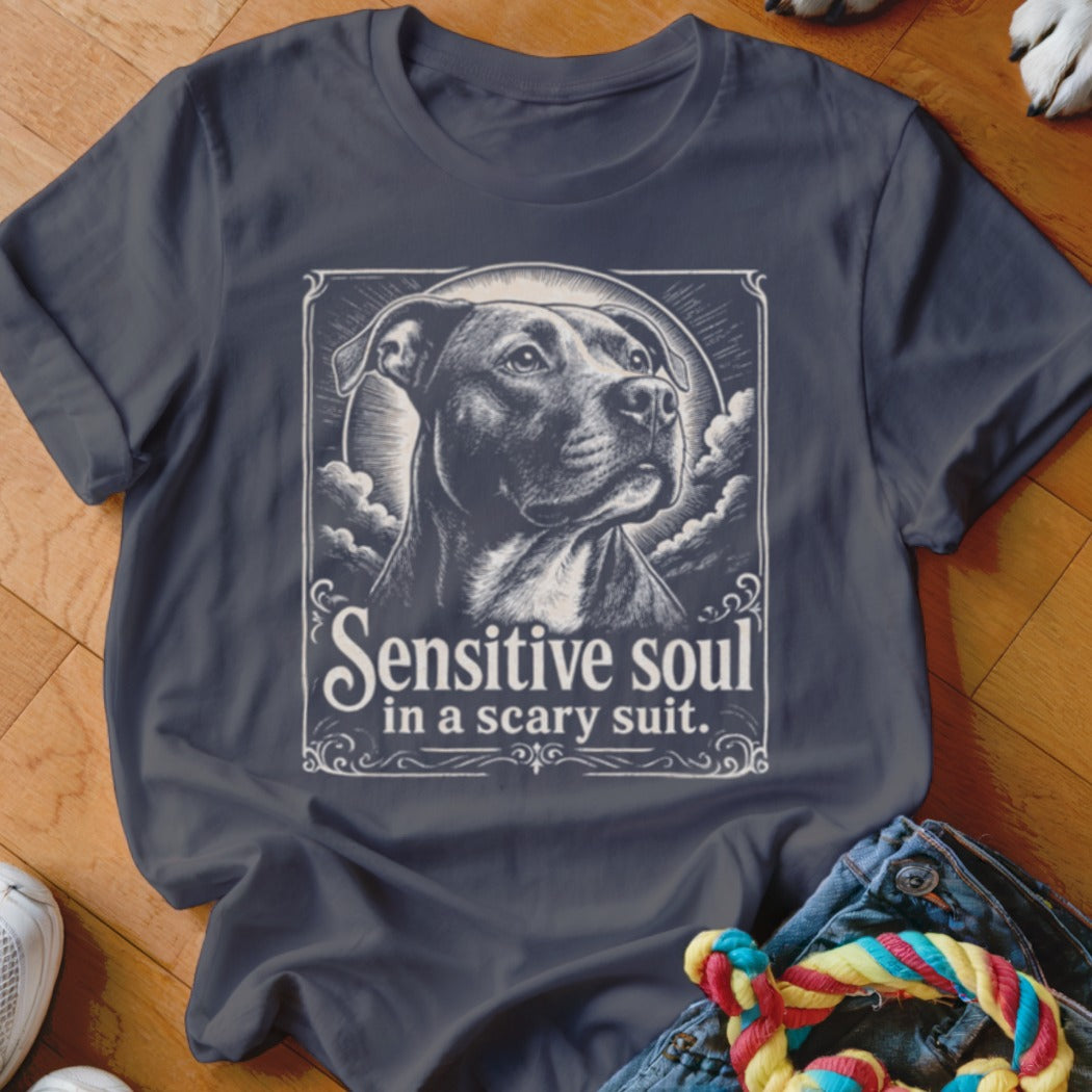 T-shirt with pit bull portrait and text "Sensitive soul in a scary suit."