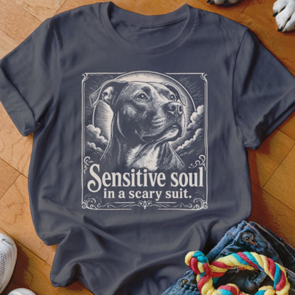 T-shirt with pit bull portrait and text "Sensitive soul in a scary suit."