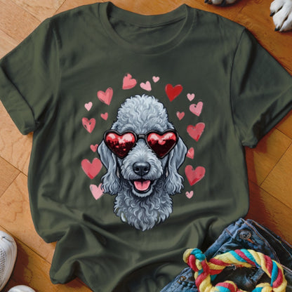 A dark green t-shirt features a graphic of a grey poodle wearing heart-shaped sunglasses surrounded by pink hearts.