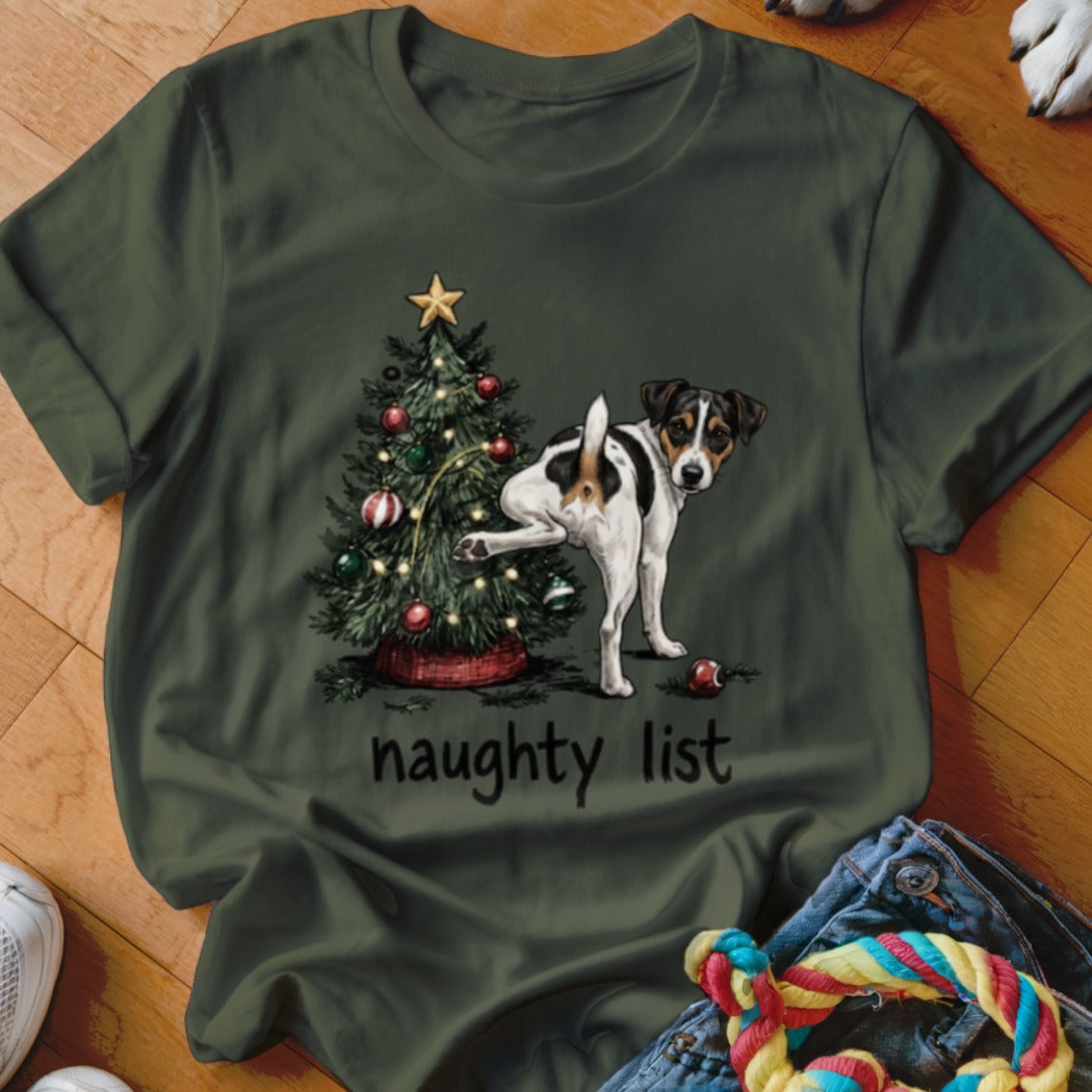 Green t-shirt with a Christmas tree and dog on the "naughty list."