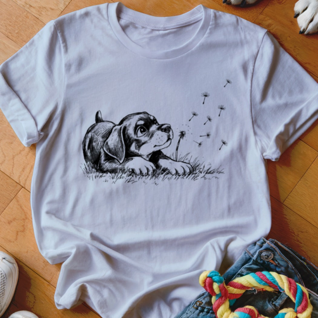 White short-sleeve t-shirt featuring a black graphic of a puppy blowing dandelion seeds.