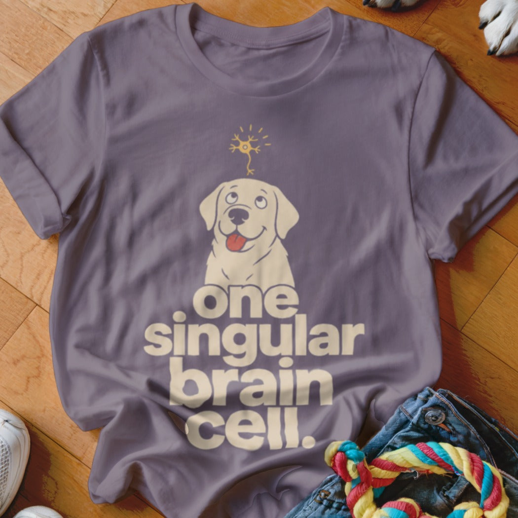 Grey t-shirt with a cartoon dog and text "one singular brain cell."