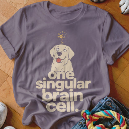 Grey t-shirt with a cartoon dog and text "one singular brain cell."