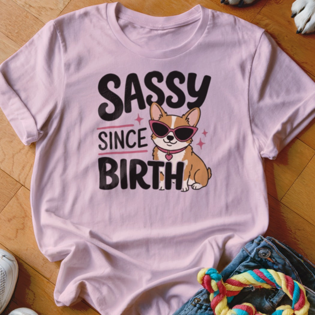 Pink t-shirt with "SASSY SINCE BIRTH" text and a corgi wearing sunglasses.