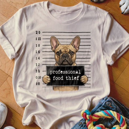French bulldog mugshot with "professional food thief" sign on a t-shirt.