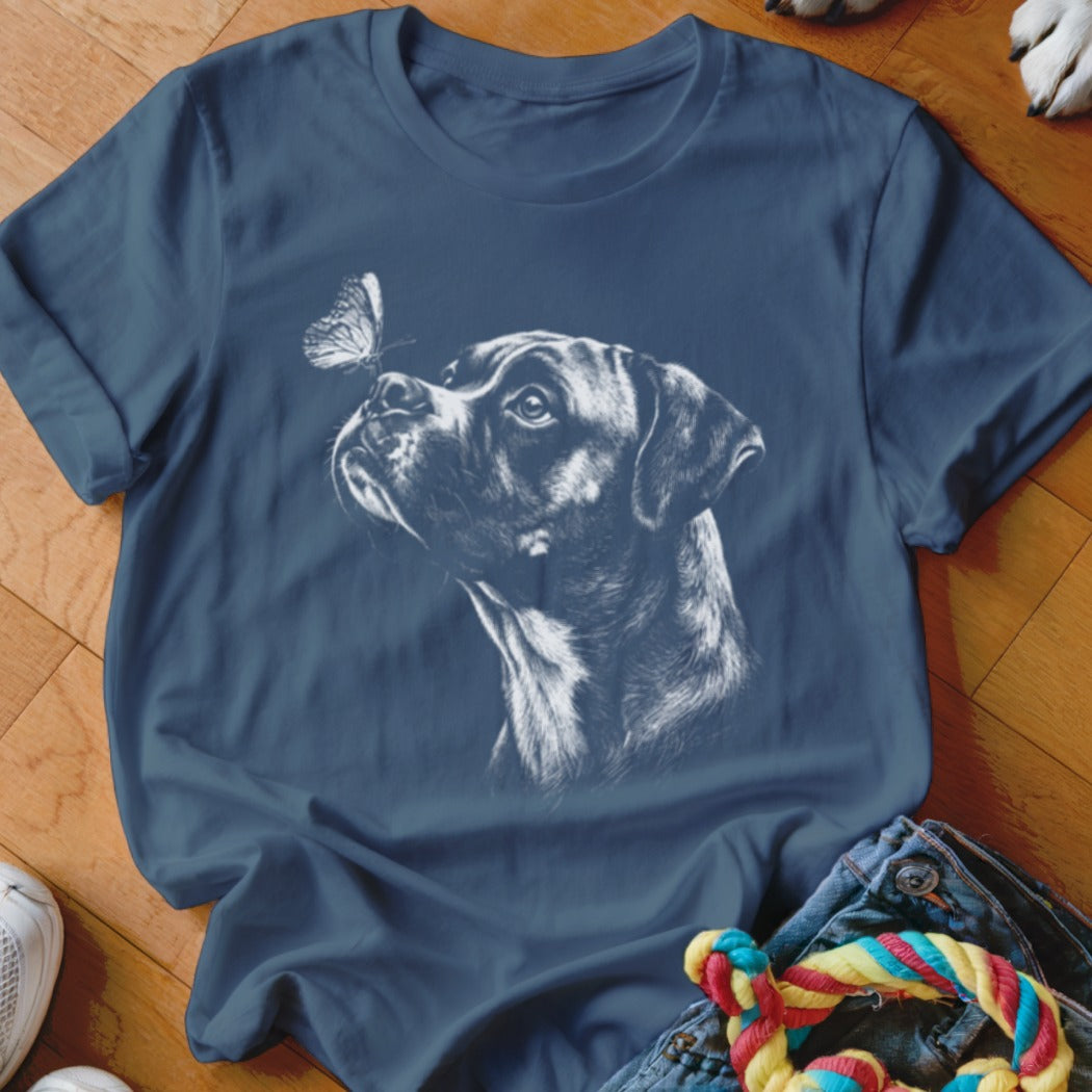 Dark blue t-shirt featuring a white sketch of a boxer dog looking at a butterfly.