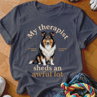 T-shirt with a Collie dog illustration and text "My therapist sheds an awful lot".