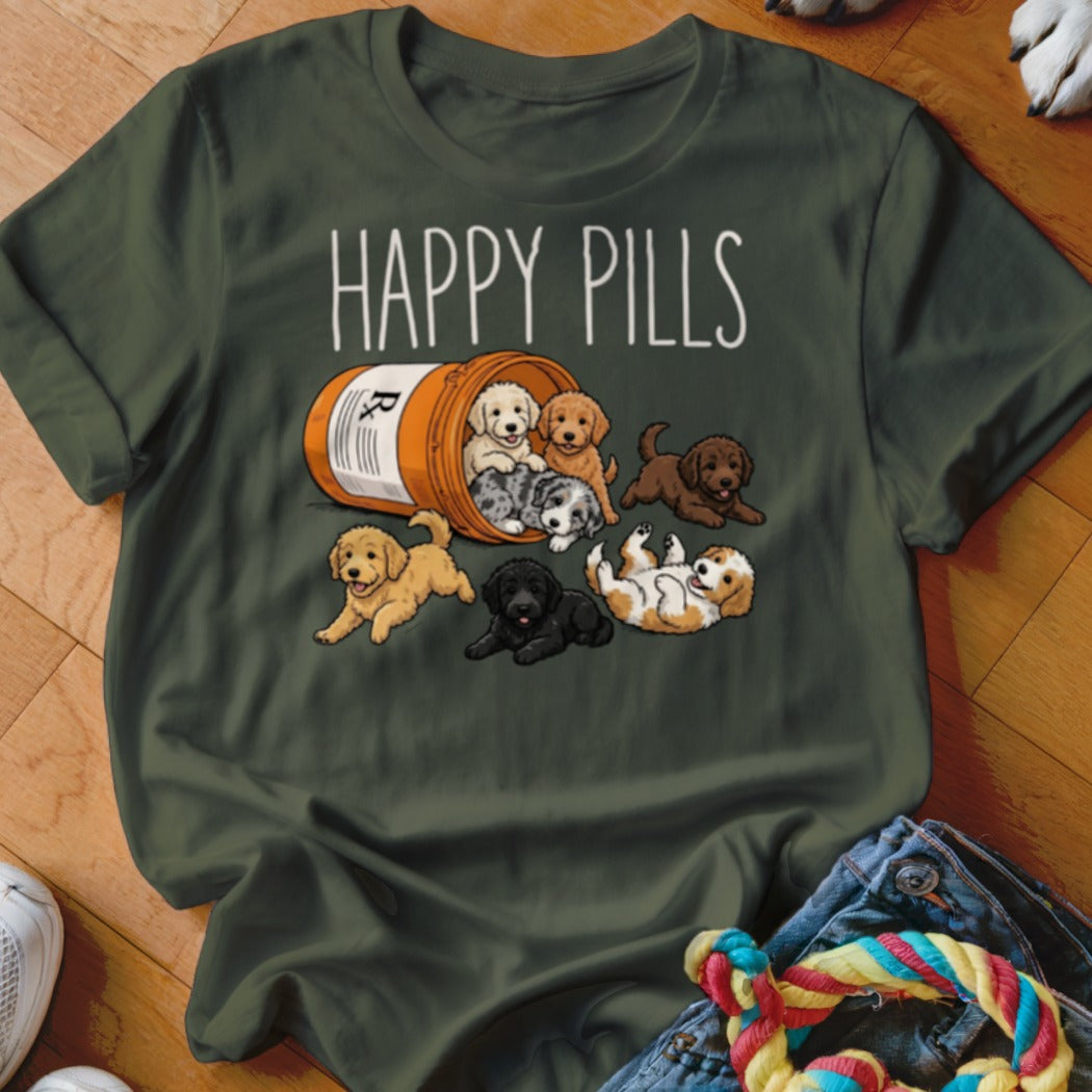 Various puppies spill out of a pill bottle with the text "Happy Pills" above.